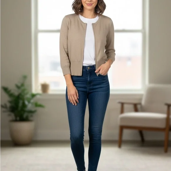 Banana Republic Taupe Zip-Front Cardigan Sweater | Size S - Picture 3 of 8